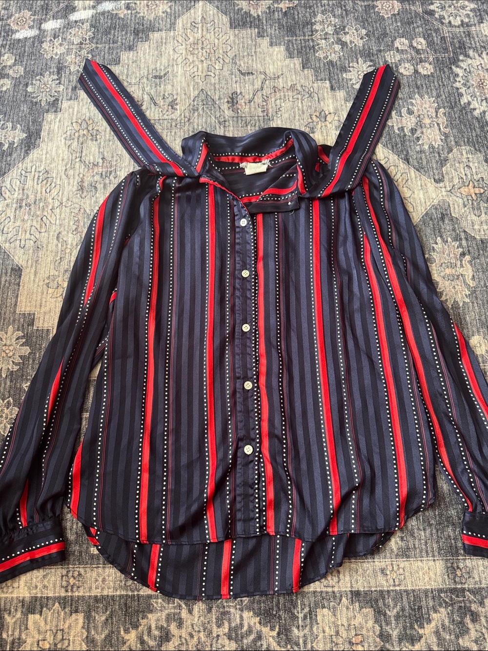 Evan Picone Navy, Red and Gray Vertical Stripe Button-Down Shirt